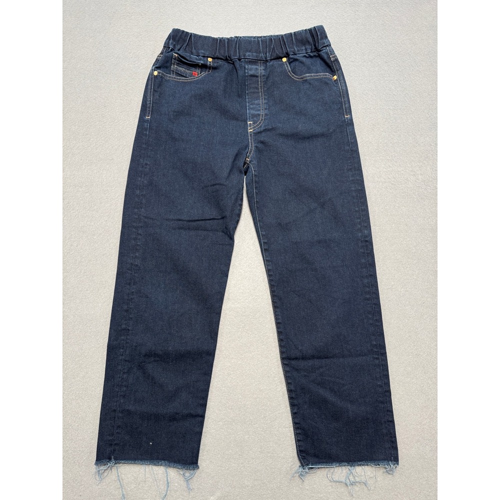 Diesel Jeans Women's XS Dark Blue Denim Elastic Waist Frayed Hem Straight Leg